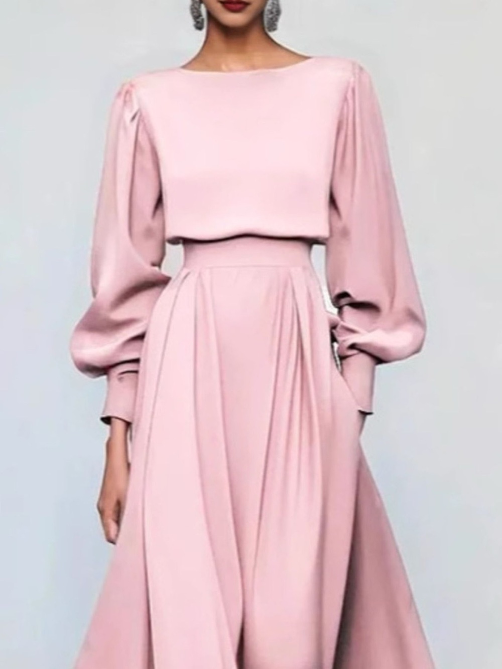 Pleated Lantern Sleeve Midi Dress - Picture 2 of 4